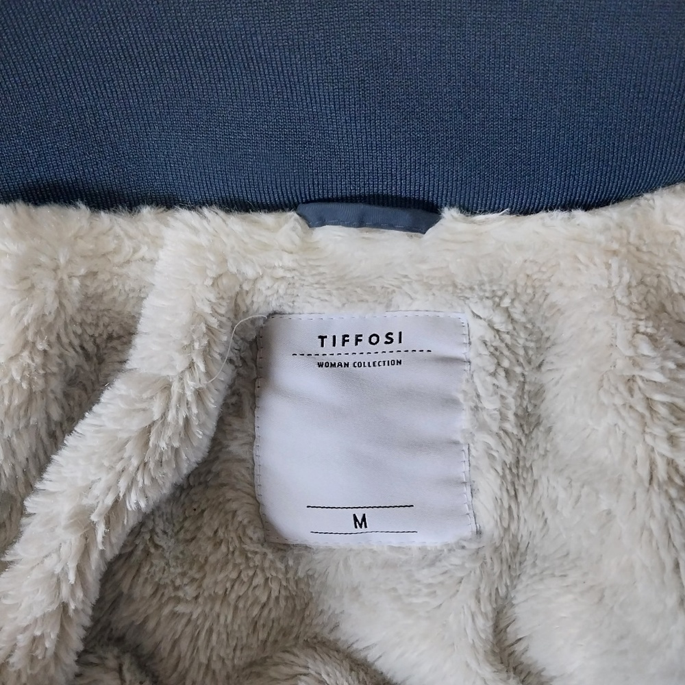 Tiffosi Navy Blue Hooded White Faux Fur Zip Up Button Down Long Sleeve Jacket M - Picture 15 of 15